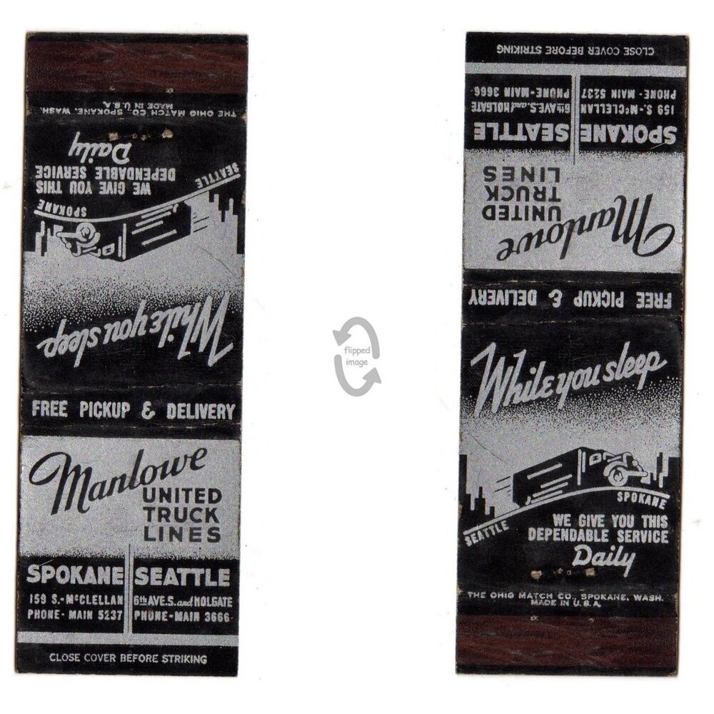 Vintage Matchbook Cover Manlowe Freight Truck Seattle Spokane Washington 1940s